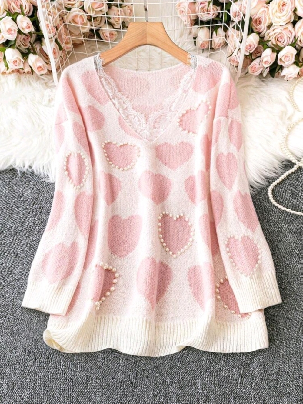 SHEIN CURVE LACE & PEARL HEART SWEATER SZ 2X